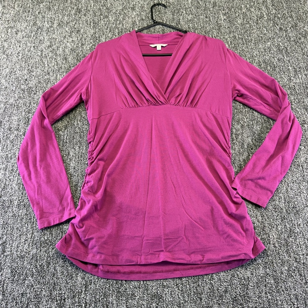 CAbi Blouse Womens XL Raspberry Pink Cotton Stretch Ruched Side V-Neck Pullover